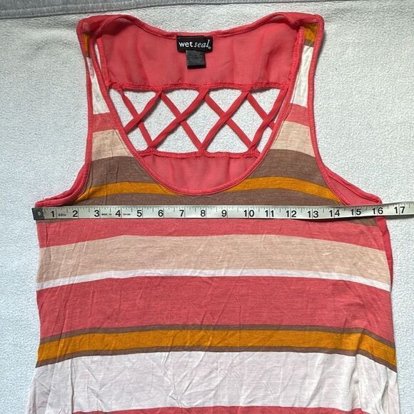 Wet Seal Striped Hi/Low Lightweight Tank Top w/Sheer Back and Cut Outs (Size: S) - Picture 7 of 12